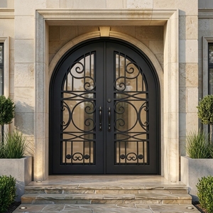 Royal Luxury Rust-resistant Wrought Iron Main Door Geometric Patterned Glass Panels Minimalist <b>Swing</b> Design Easy Assembly - Product Image 4