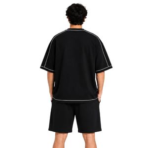 Black Mens Oversized <b>T</b> <b>Shirt</b> And Shorts Set Custom Logo Contrast Stitching Crew Neck Casual Streetwear Summer Two Piece Outfit - Product Image 2