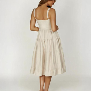 Robe midi dos nu ample et décontractée en coton et lin, couleur unie, taille naturelle, manches évasées, style halter, respirante, pour l'été – Vente en gros - Product Image 3