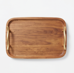 Plateau de service rectangulaire en bois de manguier teinté noyer, plateau décoratif en bois avec poignées dorées en forme de branche - Product Image 4