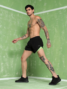 KVETOO Men's Quick Dry Breathable Split Hem 2 1 Loose Fit High Waist Elastic Running Shorts 100% Polyester Black <b>Net</b> Neon <b>Green</b> - Product Image 6