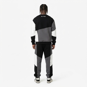 <b>Men</b> Color Block Crewneck Sweatshirt <b>Jogger</b> Pants Set Black Gray <b>White</b> Casual Streetwear Matching Clothes Custom Logo - Product Image 2