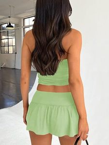 Ensemble assorti de crop top bandeau sans bretelles et short pour femme, vente en gros, OEM ODM, logo personnalisé, usine de vêtements, polyester/coton, été - Product Image 5