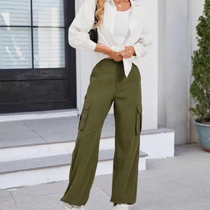 Pantalon cargo taille haute pour femme, vert olive, coupe ample, longueur intégrale, taille élastique, pantalon utilitaire décontracté avec poches - Product Image 6