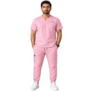 Ensemble de blouses médicales pour hommes, col en V rose, tissu tissé en coton et polyester, uniformes d'hôpital - Product Image 1