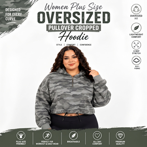 Sweat-shirt court à capuche imprimé camouflage pour femme, grande taille, avec demi-fermeture éclair, 100% French Terry, haut court à capuche imprimé pour femme - Product Image 2