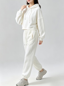 Survêtement à capuche pour femme, couleur unie, manches longues, sweat-shirt décontracté, pantalon à taille élastique, respirant, poids moyen, tenue de jogging - Product Image 2