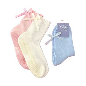 ODM High Quality Women's Crew Length Yoga <b>Socks</b> with Color Bows Ruffles <b>Grip</b> Anti-Slip Design for Pilates Daily Indoor Use - Product Image 4