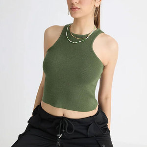 Women's Olive Green Halter <b>Crop</b> <b>Top</b> Knitted Solid Color Casual Spring Summer Slim Fit Spandex Cotton Blend - Product Image 5
