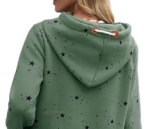Sudadera con capucha estampada con estrellas verdes para mujer, sudadera informal de manga larga con bolsillos, ropa de otoño - Product Image 4