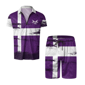 EKIN IMPEX Men's Purple White Color Block Polo Shirt And Shorts Set Quick Dry Knitted Summer Set Men’s Summer Shorts and Shirts - Product Image 1