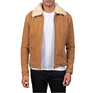 <b>Men's</b> Brown <b>Suede</b> Bomber <b>Jacket</b> With Faux Fur Collar Zipper Closure Winter Moto Style Regular Fit - Product Image 5