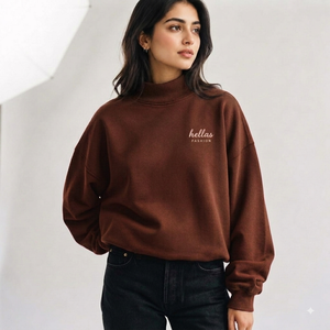 เสื้อสเวตเตอร์คอเต่าลำลองสำหรับผู้หญิง ผ้าฝ้ายฟลีซน้ำหนักเบา ปักลายตามสั่ง ปลายแขนเสื้อริบบิ้น ผู้ผลิตเสื้อผ้าแบบ OEM ODM - Product Image 1