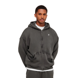 Sweat à capuche zippé gris asphalte surdimensionné pour homme, en molleton épais, coupe décontractée, style streetwear. - Product Image 2