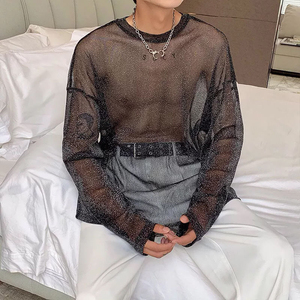 T-shirt ample en maille transparente à motif personnalisé pour homme, coupe carrée, manches longues, col ras du cou, style streetwear transparent pour les soirées et les fêtes - Product Image 4