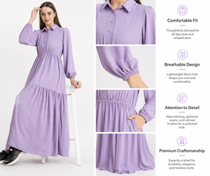 เดรสยาวสีม่วงพาสเทลสำหรับผู้หญิง - เดรสแขนยาวผ้าฝ้ายทรงชั้นๆ สไตล์ลำลอง โบโฮ เหมาะสำหรับใส่ไปเที่ยวพักผ่อน - Product Image 6