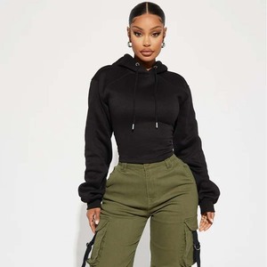 <b>Women's</b> <b>Black</b> Cropped Hoodie With Drawstring Regular Sleeve Knitted <b>Sweatshirt</b> Solid Color Autumn Wear - Product Image 1