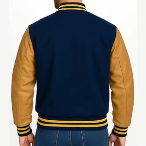 Veste universitaire bleu marine pour homme avec manches en PU beige, col rabattu, fermeture éclair, style preppy, vêtement d'automne, coupe classique - Product Image 4