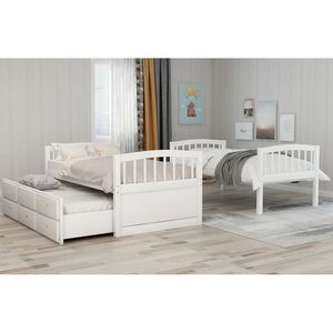 Letto a castello in legno bianco con due letti singoli, letto estraibile e cassetti - Prodotto per camere dei bambini - Product Image 4