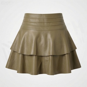 Jupe courte en similicuir PU taille haute pour femme, style évasé à volants en satin, couleur unie, toutes saisons - Product Image 2