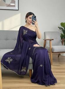 Nuevos Saris de Diseñador en Georgette Sintético Pesado con Blusa Elegante, Saris Indios para Bodas y Uso en el Hogar, Completamente Cosidos - Product Image 4