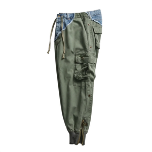 Pantalon cargo pour homme en denim vert olive avec cordon de serrage, style streetwear, patchwork, pantalon harem - Product Image 4