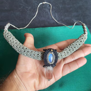 Handmade Macrame Moonstone & Quartz Crystal <b>Necklace</b> Boho Choker Gray Cord <b>Statement</b> Healing Gemstone Jewelry - Product Image 1