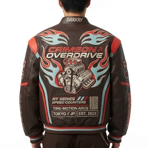 Blouson en cuir Crimson Overdrive pour homme, marron foncé, avec motif flamme, style varsity, pour la course automobile et la moto - Product Image 2