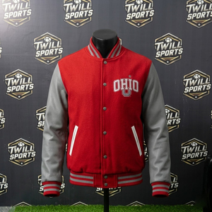 Veste universitaire Ohio Athletics pour homme, rouge et gris, manches en cuir, style bomber, vêtements décontractés d'automne - Product Image 2