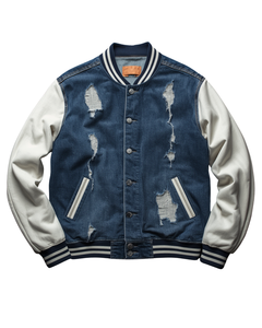 Chaqueta Bomber Vintage para Hombre, Estilo Varsity, de Mezclilla Desgastada, con Tela de Jean Rasgada, Bordes Deshilachados en Contraste, Estilo Casual Urbano, Abrigo de Invierno - Product Image 4