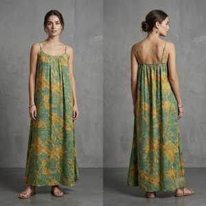 Robe longue bohème à imprimé floral pour femme, bretelles spaghetti, coupe classique, viscose et polyester tissés, taille élastique, décontractée pour l'été - Product Image 3