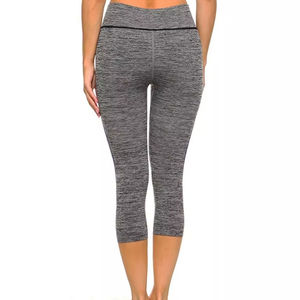 Women's High Waist Capri <b>Leggings</b> Gray With Pink Trim Knitted Spandex Sporty Style Breathable Stretch Comfortable All Seasons - Product Image 3