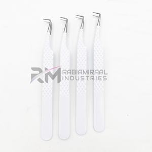 Offre exceptionnelle RMI March Expo : Pince à épiler pour extensions de cils, pointe argentée et blanche, acier inoxydable, personnalisée, pointe à 90 degrés - Product Image 2