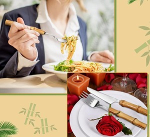 Ensemble de couverts haut de gamme en bambou, 60 pièces, acier inoxydable 18/8, pour 12 personnes, au meilleur prix - Product Image 6