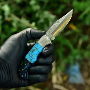 Cuchillo de Caza de Acero de Damasco con Hoja Recta y Mango Azul, Grosor de 0.6mm, Cuchillo Plegable de Bolsillo - Product Image 4