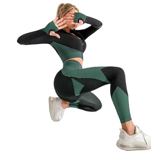 Leggings deportivos para mujer sujetador ropa de entrenamiento conjuntos de yoga sin costuras productos de venta caliente chaqueta deportiva de manga con cremallera estirable - Product Image 1