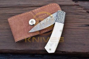Premium Handmade Damascus Steel Folding <b>Knife</b> with Natural <b>Bone</b> <b>Handle</b> Outdoor Pocket <b>Knife</b> - Product Image 5