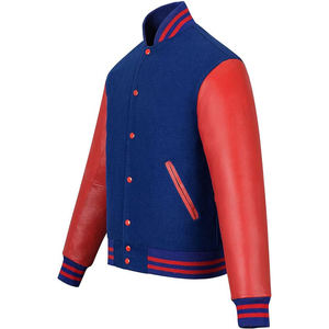 Men's Blue Wool Varsity <b>Jacket</b> With Orange <b>Leather</b> Sleeves Stand Collar Preppy Style Autumn Wear - Product Image 5