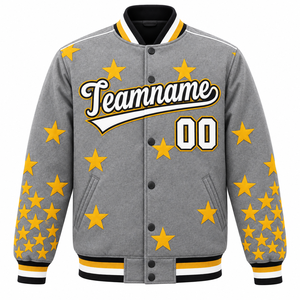 Veste universitaire grise pour homme avec étoiles jaunes, nom d'équipe personnalisé, lettres et numéros, fermeture à boutons, manteau de baseball d'hiver coupe-vent réversible - Product Image 1
