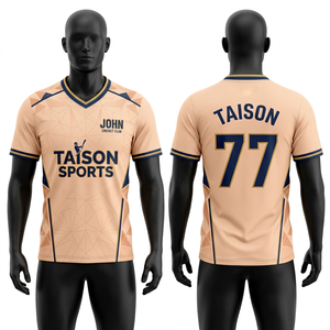 Camiseta de críquet para hombre, 180 GSM, poliéster entrelazado, transpirable, color naranja coral, paneles laterales azul marino, cuello en V, sublimación, nombre y número personalizados - Product Image 5