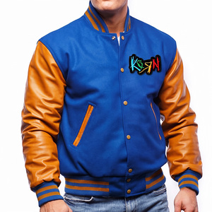 Giacca Varsity Ricamata Korn per Uomo, Blu con Maniche in Pelle PU, Casual Autunnale, Colletto Rovesciato, Vestibilità Regolare - Product Image 1