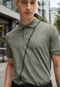 เสื้อเชิ้ตแขนสั้นผู้ชายสีเขียวมะกอก ผ้าฝ้าย ปักโลโก้ลายเส้นเรขาคณิต เสื้อถักลำลอง - Product Image 5