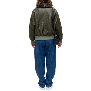 Chaqueta Bomber de Cuero PU Tejido para Mujer, Color Verde Oliva Sólido, Estilo Otoñal - Product Image 2