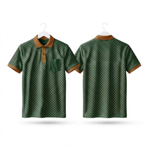 เสื้อโปโลผู้ชายสีเขียว-น้ำตาลลายจุดแบบสั่งทำพิเศษ มีกระเป๋า ขอบสีดำเรียบหรู แขนสั้น ผ้าฝ้าย เสื้อกอล์ฟ เสื้อฤดูร้อน - Product Image 1