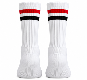 <b>White</b> Knitted High Crew <b>Socks</b> Striped Basketball <b>Sports</b> <b>Socks</b> with Red Black Bands Fully customize - Product Image 1