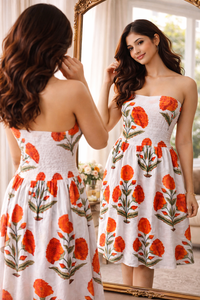 Vestido midi de algodón sin mangas con estampado floral naranja y cintura fruncida, elástico y cómodo, ideal para la playa, color blanco. - Product Image 2