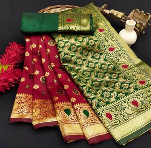 Sari de Seda Banarasi Suave, Elegante Sari Nupcial Indio con Borde Zari, Disponible a Precio de Fábrica - Product Image 3
