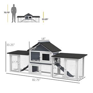 Conigliera Deluxe XL a 2 Piani per Esterni, 83 Pollici, in Legno di Abete Grigio Scuro, con Scala e Recinto, Stile Classico - Product Image 3