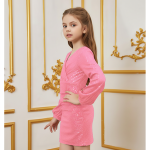 Vestido de Alta Calidad para Niñas, con Lentejuelas y Bordado de Terciopelo, Cuello en V, Manga Larga, Color Morado y Rosa, para Eventos Formales y Fiestas - Product Image 1