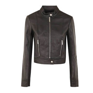 Chaqueta de Moto para Mujer, de Piel de Vaca Genuina, Cortavientos, Manga Larga, Cuello Camisero, Cierre de Cremallera, Largo Regular, Color Sólido, Invierno - Product Image 1